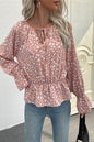 Autumn Women Clothing Classic Printing Lace up V neck Long Sleeve Top