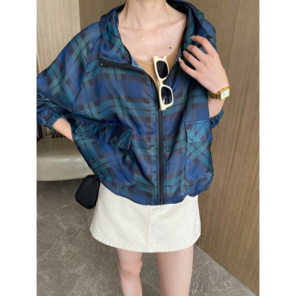 Outdoor Lightweight Quick Drying Retro Color Matching Plaid Hooded Sun Protection Overshirt Loose