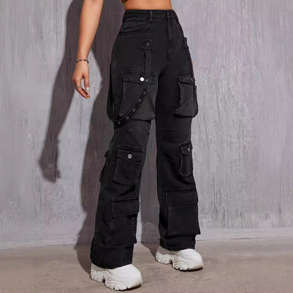 Denim High Elastic High Street Strap Street Trend Hip Hop Straight Cargo