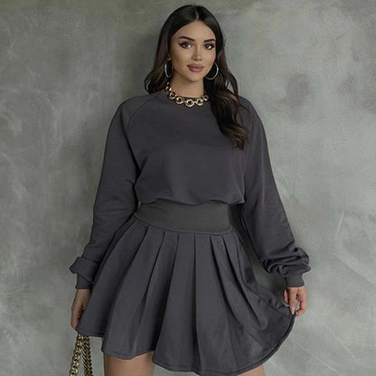 Autumn Winter Solid Color Long Sleeved Sweater Pleated Skirt Two Piece Set Casual Set Women