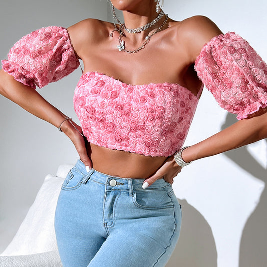 Summer Sexy Socialite Women Clothes Special Decoration off the Shoulder Short Sleeve Embroidered Vest Tube Top