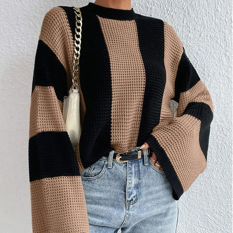 Autumn Winter Western Knitted Sweater Top Round Neck Striped Niche Sweater Coat Women