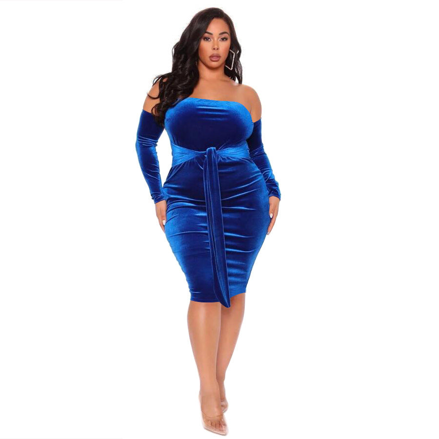 Plus Size Women Sexy off-Shoulder Solid Color  Dress Bandage Nightclub Dress