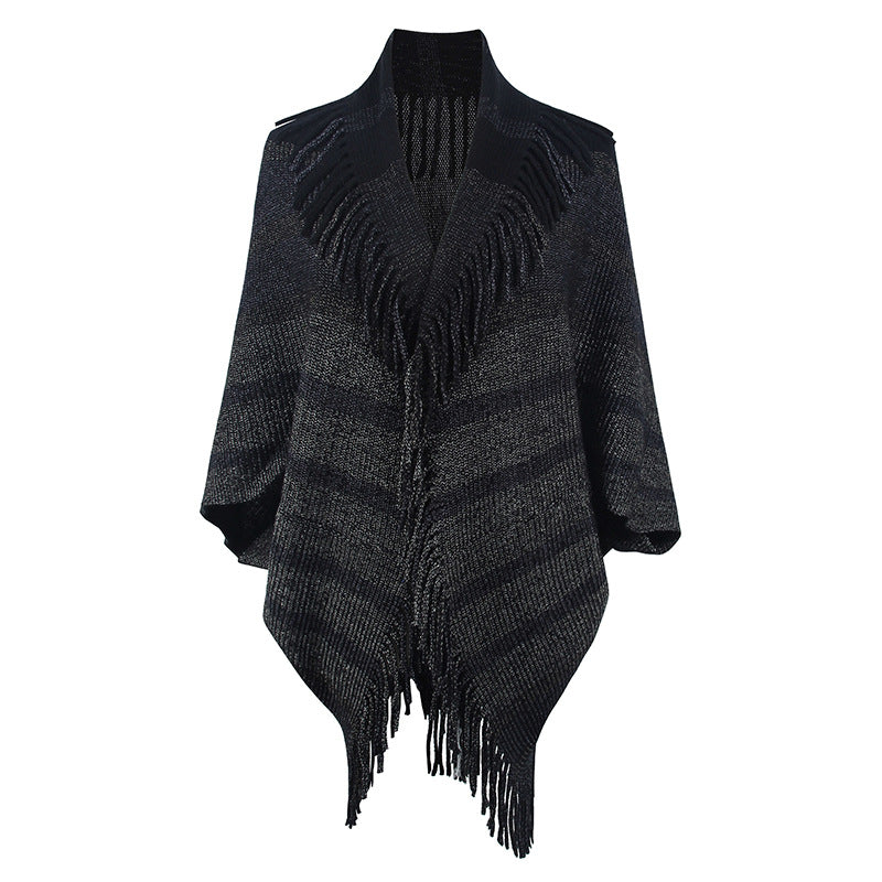 Tassel Inverness Women Autumn Winter Knitted Striped Cloak Women