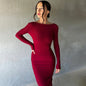 Women  Clothing Summer Sexy V neck Slim Pleated Solid Color Long Sleeve Dress