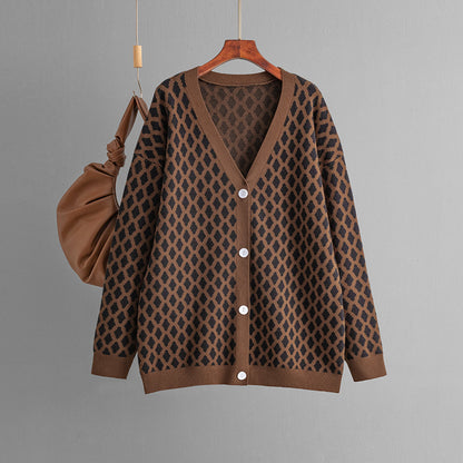 Autumn Winter Jacquard Knitted Cardigan Coat Sweater Women