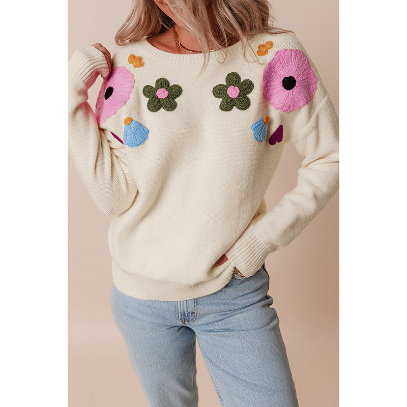 Summer Round Neck Knitted Top Women All Match Floral Embroidered Sweater