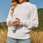 Women Clothing Solid Color Lantern Sleeve Mock Neck Sweater British Loose Pullover Sweater