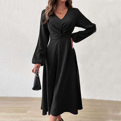 French Adult Lady like Woman V neck Dress Autumn Winter Elegant Elegant A line High Waist Midi Dress