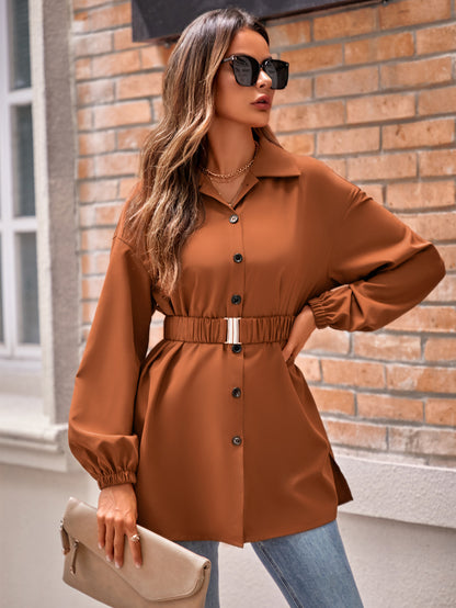 Casual Autumn Winter Women Clothing Solid Color Shirt Collar Single Breasted Belt Shacket Women