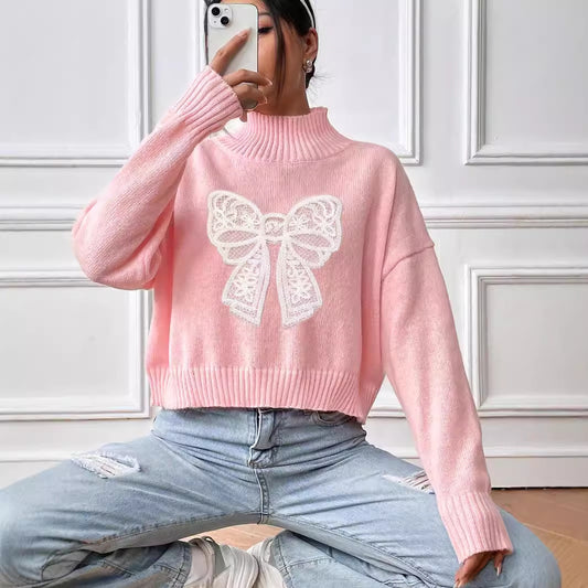 Women Short Top Clothing Turtleneck Pullover Bow Embroidery Patchwork Stitching Bottoming Shirt