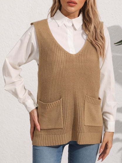 Women Vest Women Clothing Double Pocket V neck Patchwork Casual Vest Top Sweater Waistcoat