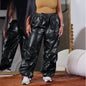 Metallic Coated Fabric Women Casual Pants Solid Color Three Dimensional Pocket Pleated Overalls