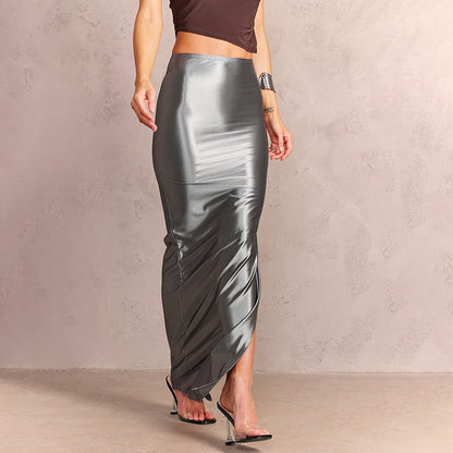 Women Summer Solid Color Personalized Bright Slit Slim Fitting Sheath Long Skirt