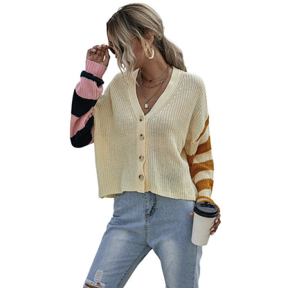 Autumn Sweater Women Stitching Contrast Color Coat Striped Thin Sweater Short Comfort Casual