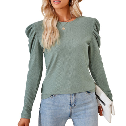 Autumn Solid Color round Neck Loose Pleated Long-Sleeved T-shirt Top Women Clothing