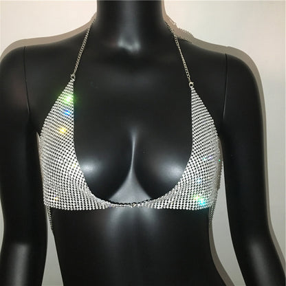 Women Clothing Body Cha Exaggerated Rhinestone Bikini Chest Necklace Sexy Nightclub Halter Spaghetti Straps Bra