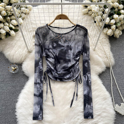 French Retro Minority Design Tie Dyed Drawstring Crew Neck T Shirt Top Fall Women Clothing Long Sleeve Slim Bottoming Shirt