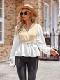 Autumn Winter Women Casual Solid Color V neck Stitching Long Sleeved Top for Women