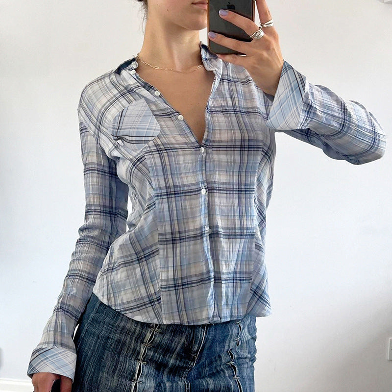 Collared Color Contrast Check Breasted Pocket Long Sleeve Shirt Sexy Waist Slimming Casual Short Top