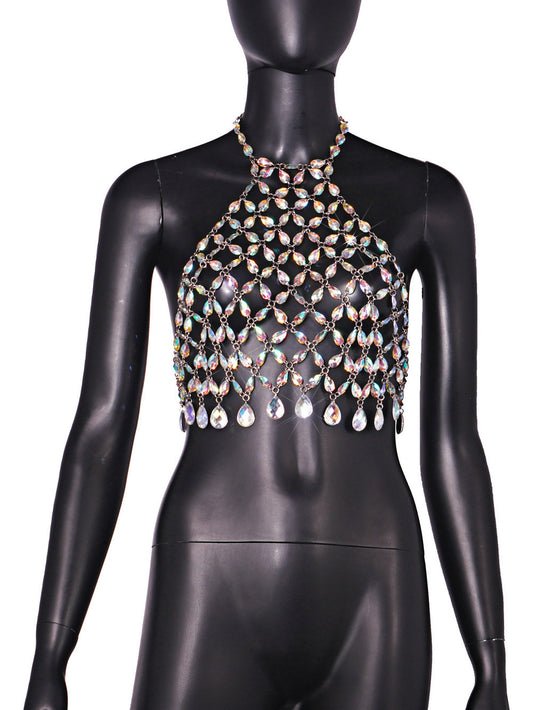 Sexy Cutout Nightclub Shiny Top Colorful Crystal Embellished Halter