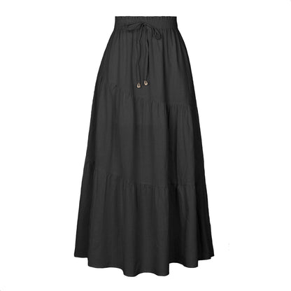 High Waist Long Skirt Stock Solid Color Cotton Linen Elastic Waist Large Swing Draped Dress Women