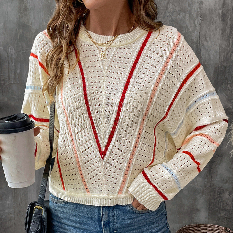 Women Clothing Autumn Winter Colorful Striped Sweater Round Neck Pullover Sweater