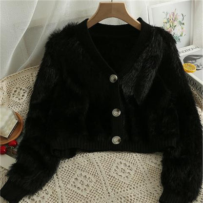 Short Knitted Cardigan Autumn Winter Solid Color Long Wool College V Neck Long Sleeve Artificial Mink Fur Outer Women