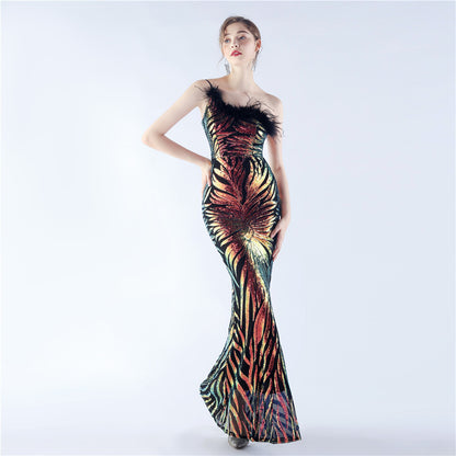 Positioning Floral Sequin Craft Order Ostrich Feather One Shoulder Diagonal Collar High End Evening Dress