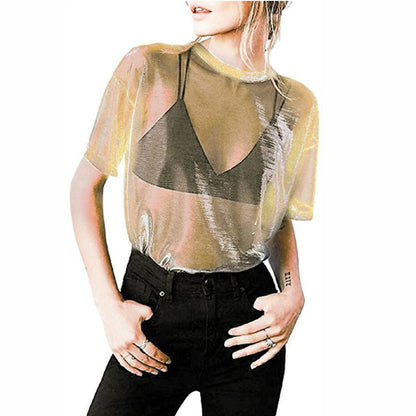 Sexy Casual Pullover See Through Laser Mesh Short Sleeve T Shirt Women