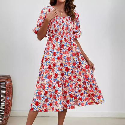 Pleated Square Collar Puff Sleeve Smocking Printed Dress Large Swing Dress