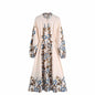 Women  Clothing Printed Button Lace-Up Waist-Controlled Long Sleeves Dress Maxi Dress