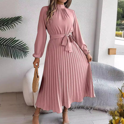 Autumn Winter Elegant Stand Collar Long Sleeve Cinched Pleated Maxi Dress Small Dress Women Clothing