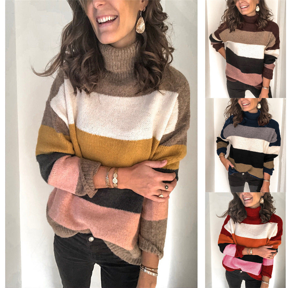 Autumn Winter Turtleneck Patchwork Knitwear Plus Size Women Striped Sweater Women