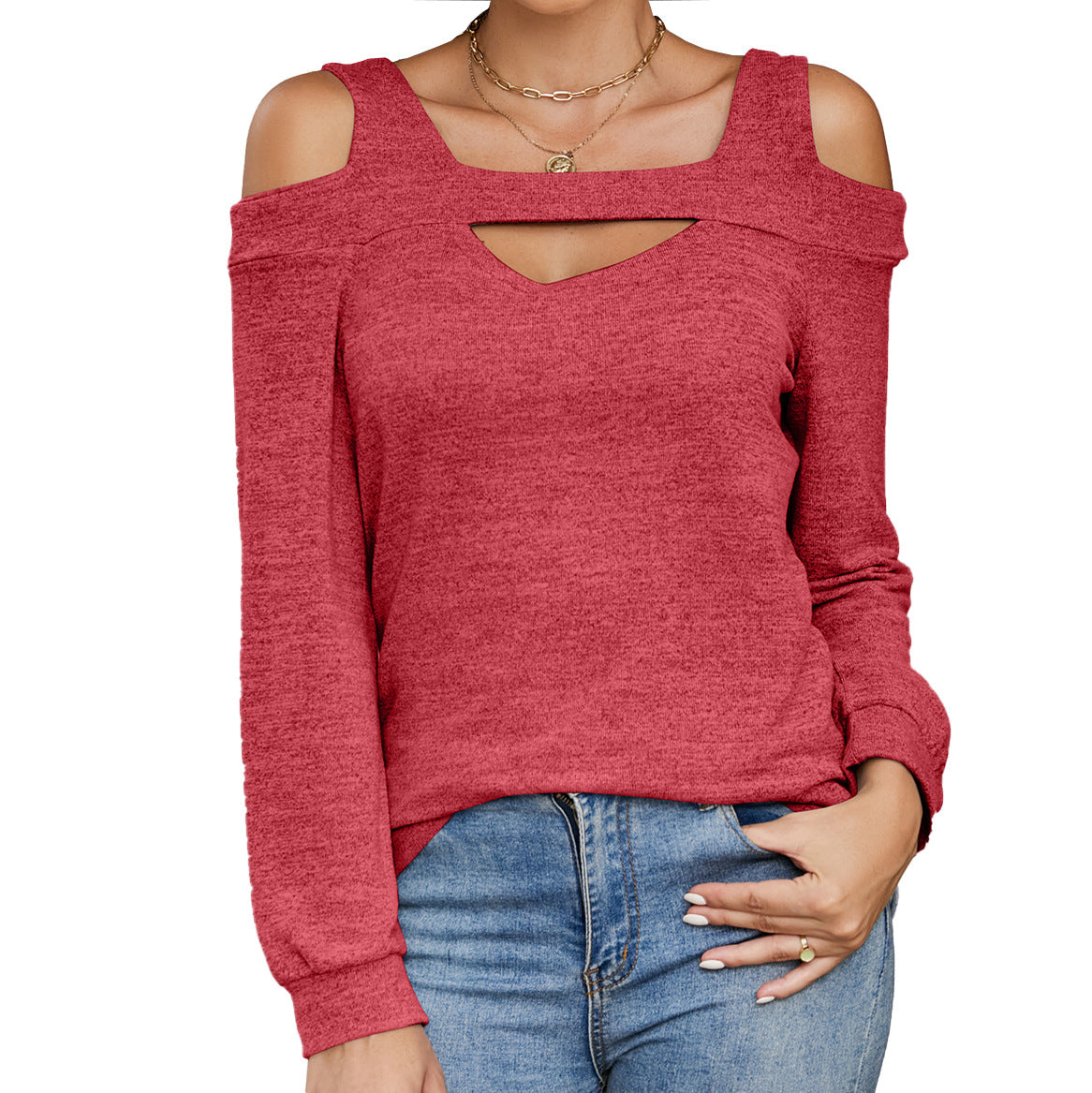 Women Cutout out Chicken Collar Solid Color Long Sleeve Loose Top Women T shirt