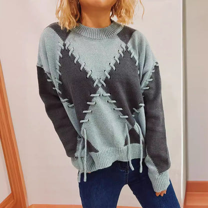 Spring round Neck Long Sleeve Hit Color Diamond Lattice Handmade Rope Strap Knitted Pullover Sweater for Women