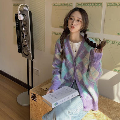 Cardigan Knitted Coat Women Autumn Winter Rhombic Soft Glutinous Idle Loose Outer Wear Mohair Sweater