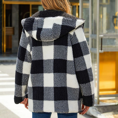 Women Clothing Autumn Winter Plaid Loose Casual Buckle-Free Cardigan Double Layer Plush Coat Women