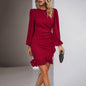 Autumn Winter Women Clothing Graceful Puff Sleeve Solid Color Dress