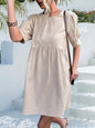 Spring Summer Arrival Solid Color Basic round Neck Button Puff Sleeve Dress