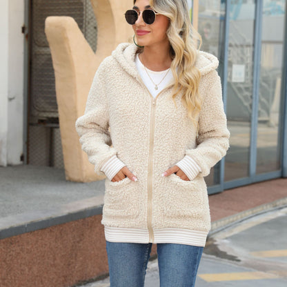 Casual Women Autumn Clothing Long Sleeve Hooded Zipper Non Ironing Solid Color Loose Mid Length Bubble Velvet Coat