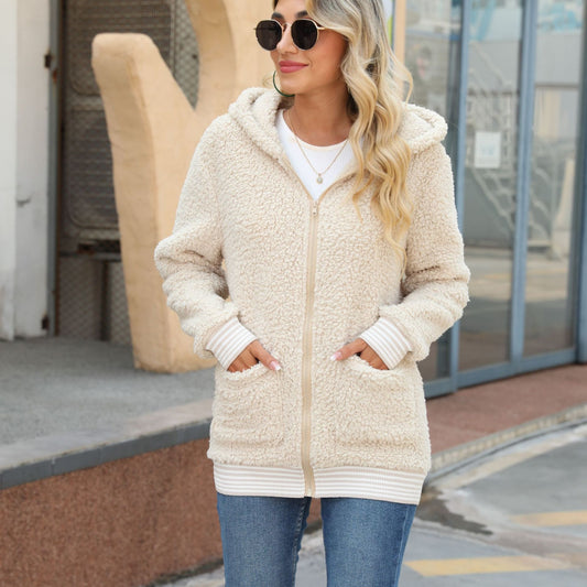 Casual Women Autumn Clothing Long Sleeve Hooded Zipper Non Ironing Solid Color Loose Mid Length Bubble Velvet Coat