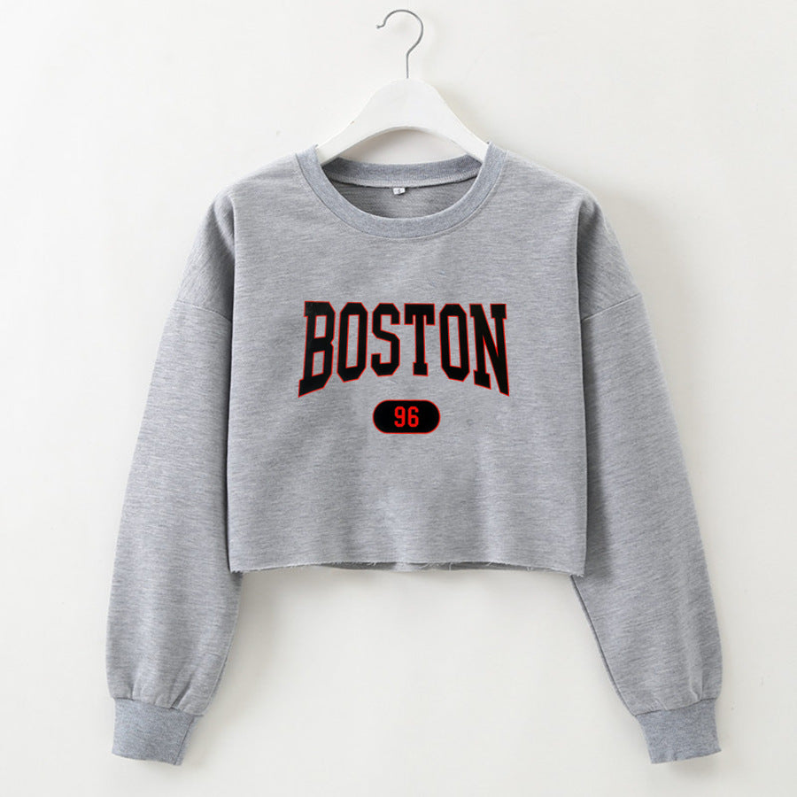 Women Clothing Autumn Winter Boston Letter Graphic Printing Cropped Long Sleeves Sweater  Women