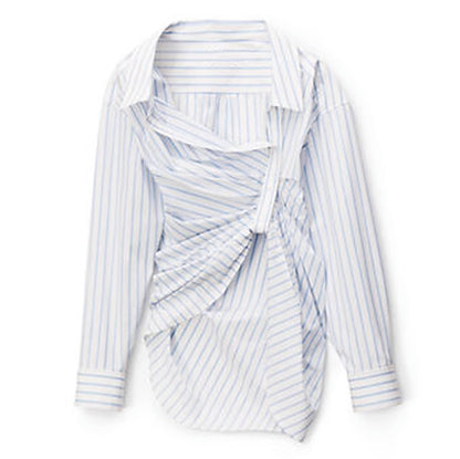 Special Interest Design Spring Summer King White Striped Asymmetric Buckle Pleated Long Sleeve Loose Shirt Women