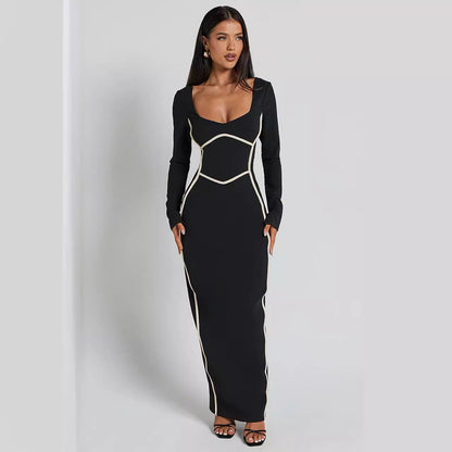 Knitted Long Sleeved Backless Sexy Dress U Collar Color Contrast Patchwork Waist Tight Pencil Lead Dress