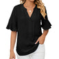 Spring Summer Lotus Leaf Sleeve Solid Color V Neck Short Sleeve Loose Top Women