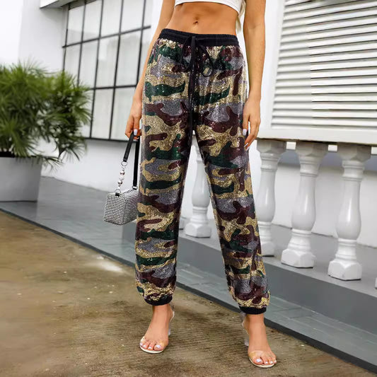 Camouflage Sequined Casual Trousers Elastic High Waist Bandage Loose Straight Leg Ankle Banded Pants