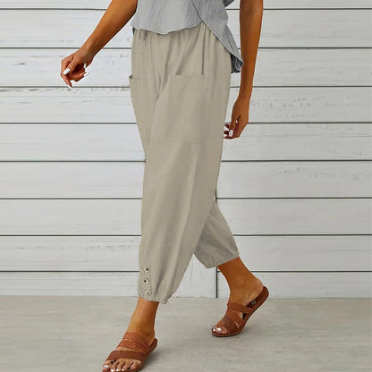 Summer Women Clothing Cotton Linen Solid Color Casual Elastic High Waist Straight Leg Pants Women