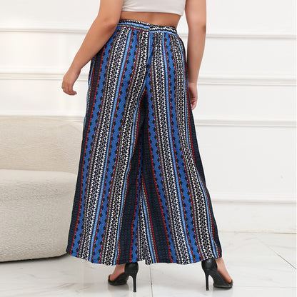 Wide Leg Pants Bohemian Striped Blue Elastic Waist Pants Seaside Vacation Beach Pants