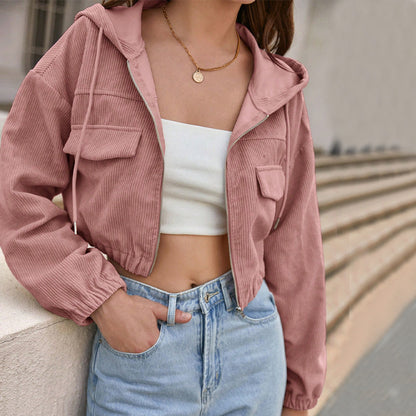 Retro Women Clothing Tight Waist Small High Waist Short Spring Autumn Long Sleeve Coat Corduroy Hooded Cardigan